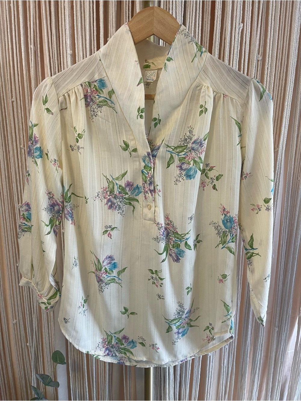 Vintage Floral Popover Cottagecore Blouse Satin Stripe Cream Pastel Small (S)